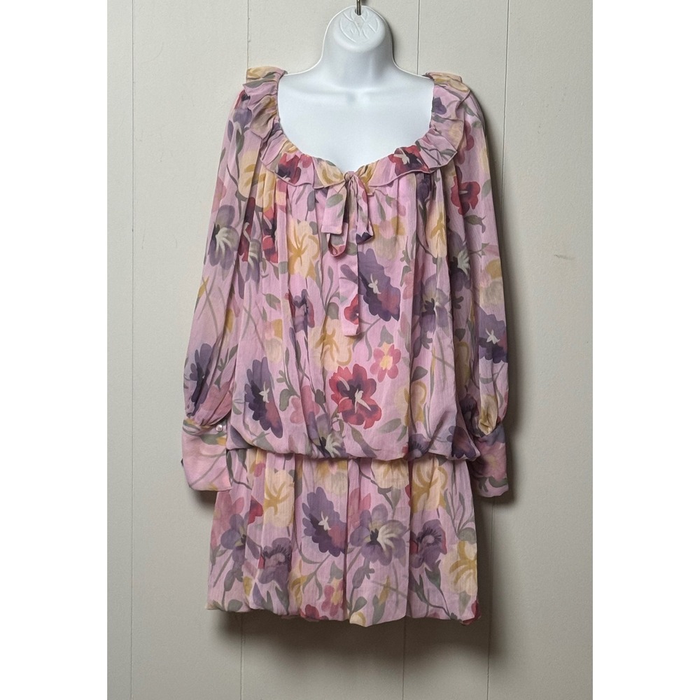 NWT Mare Mare Pink Floral Ruffle Mini Dress Long Sleeve Tiered Blouson Size S